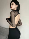 Zevrik Backless Lace Mesh Crop Top - Korean Turtleneck Edit