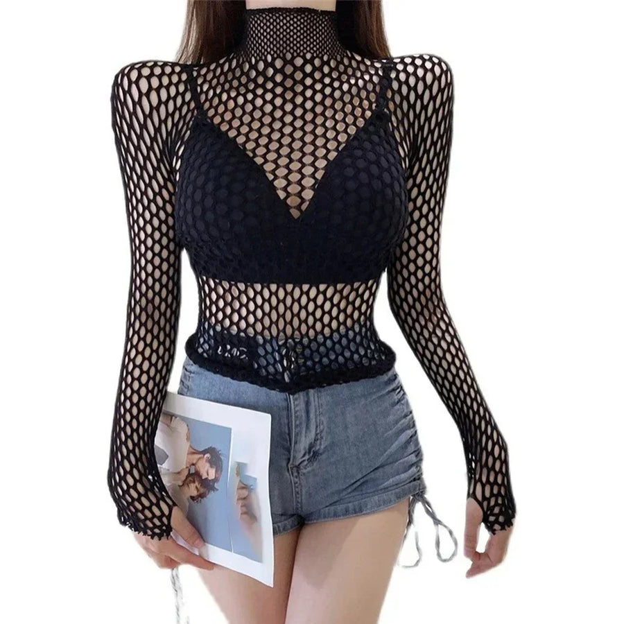 Zevrik Fishnet Mesh Long Sleeve Top - Soft-Hand Hollow Weave