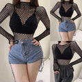 Zevrik Fishnet Mesh Long Sleeve Top - Soft-Hand Hollow Weave