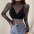 Zevrik Fishnet Mesh Long Sleeve Top - Soft-Hand Hollow Weave