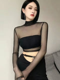 Zevrik Backless Lace Mesh Crop Top - Korean Turtleneck Edit