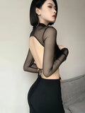 Zevrik Backless Lace Mesh Crop Top - Korean Turtleneck Edit