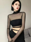 Zevrik Backless Lace Mesh Crop Top - Korean Turtleneck Edit