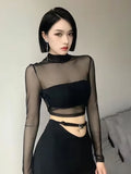 Zevrik Backless Lace Mesh Crop Top - Korean Turtleneck Edit