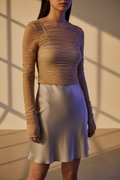 Beige sheer crinkle mesh crop tee, size S