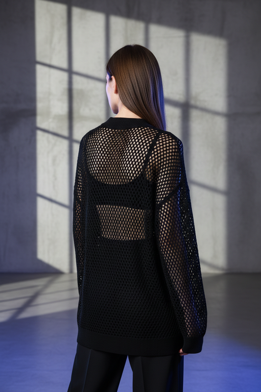 Black soft-finish fishnet long sleeve top, Style B