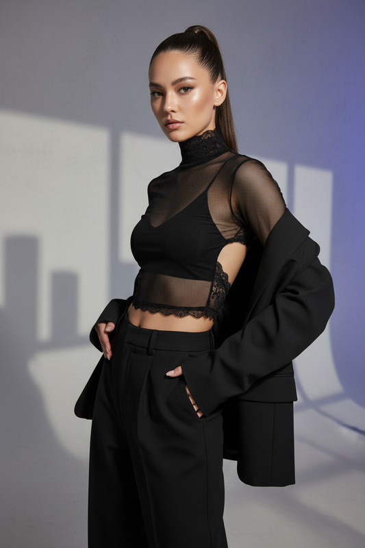 Black backless lace mesh crop top, L variant