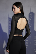 Black backless lace mesh crop top, S variant